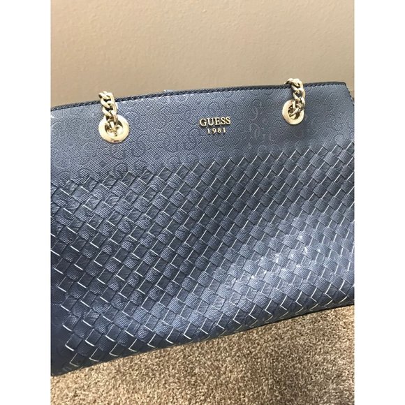 Guess Tote Bag in Blue with Basket Weave Front and Chain Handles - Picture 1 of 7